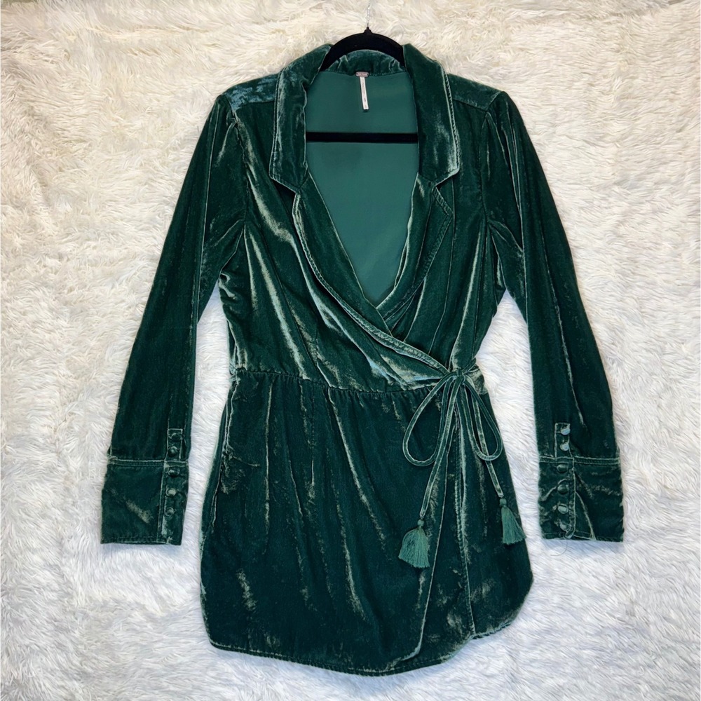 Free People Large Viola Velvet Romper Dark Green Wrap Front Skort Long Sleeves